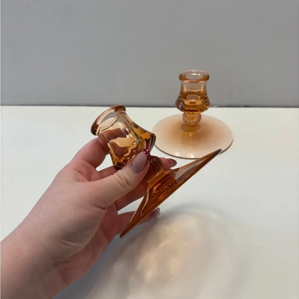 Vintage Heisey Glass Co Flamingo Pink Candle Holders